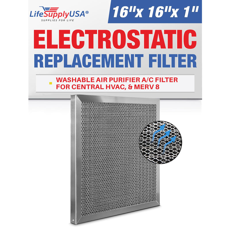 LifeSupplyUSA 16x16x1 Electrostatic Air Filter, MERV 8, Washable, Reusable Furnace AC/HVAC Filter, Energy Saving, Easy to Clean, Long-Lasting
