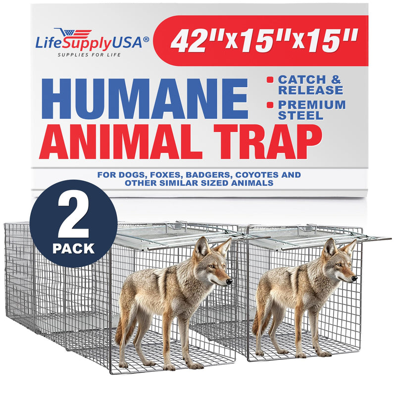 Heavy Duty Catch Release Large Live Humane Animal Cage Trap for Foxes Raccoons Badgers Coyotes 42x15x15 (2-Pack)