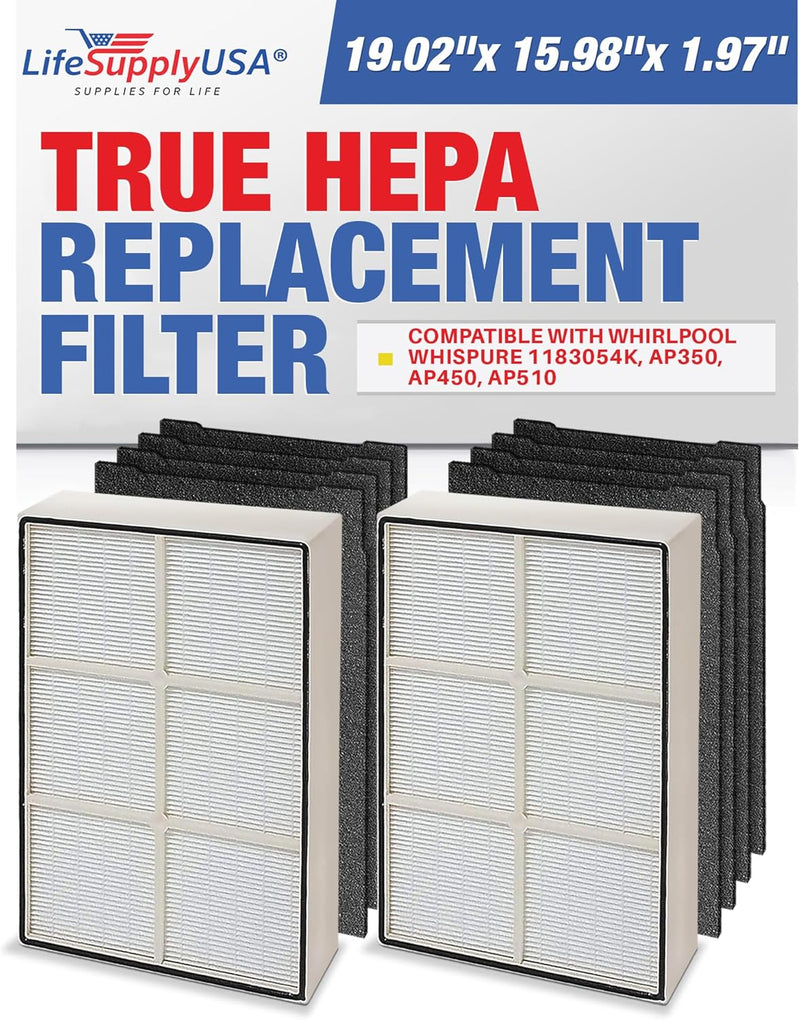 LifeSupplyUSA Complete Replacement Filter Set (1 True HEPA Air Cleaner Replacement Filter + 4 Carbon Filters) Compatible with Whirlpool Whispure AP450 AP510 AP45030HO Air Purifiers (2-Pack)