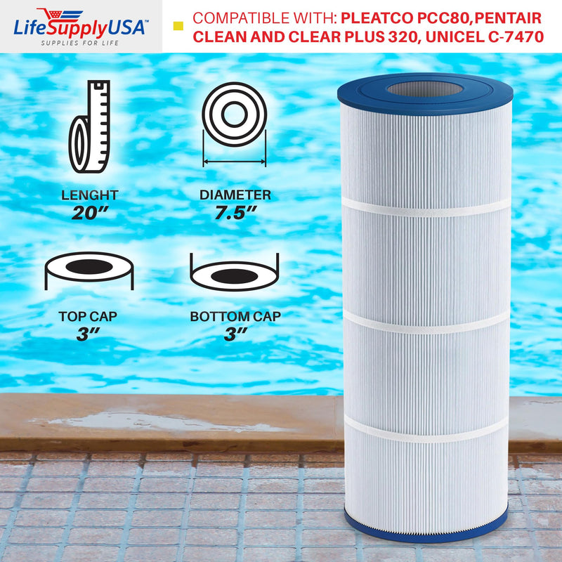 LifeSupplyUSA Pool Filter Cartridge 20" x 7" Replacement for Pentair Clean and Clear Plus 320, Pleatco PCC80 Unicel C-7470 - Spa Filter fits R173573 178580 817-0081, C-7470-4, FC-1976 18005