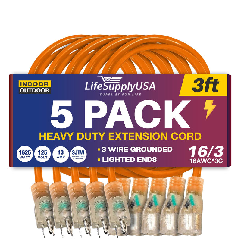 3ft Outdoor/Indoor Extension Cord 16/3 Gauge Heavy Duty 3 Prong SJTW, Waterproof, Flexible Cold-Resistant Long Power Cord,125 Amp 1625W, Orange by LifeSupplyUSA (5-Pack)
