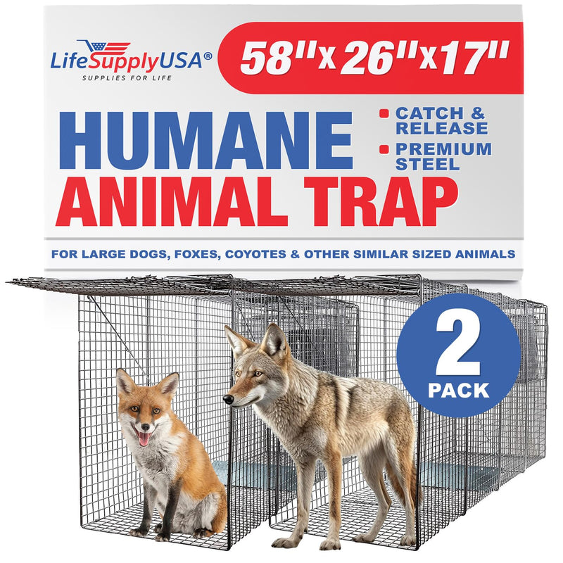 Heavy Duty Catch Release X-Large Live Humane Animal Cage Trap Small Bait Cage Included for Foxes Dogs 58x26x17 (2-Pack)