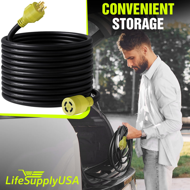 100ft Generator Extension Cord 30 AMP 4-Prong (L14-30P / L14-30R) - 10AWG4 125/250V STW - Hook and Loop Strap ETL Listed by LifeSupplyUSA - 100 FT,4-Prong
