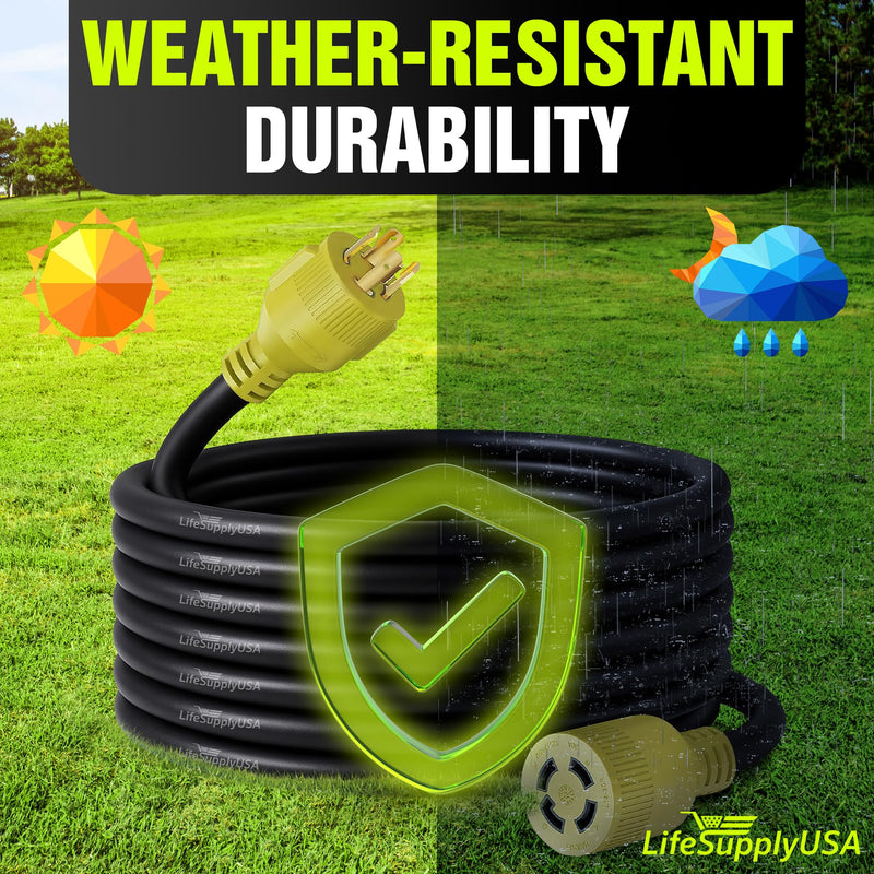 25ft Generator Extension Cord 30 AMP 4-Prong (L14-30P / L14-30R) - 10AWG4 125/250V STW - Hook and Loop Strap UL Approved by LifeSupplyUSA