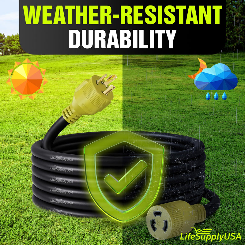 25ft Generator Extension Cord 30 AMP 3-Prong (L5-30P/L5-30R) - 10AWG3 125/250V STW - Hook and Loop Strap ETL Listed by LifeSupplyUSA