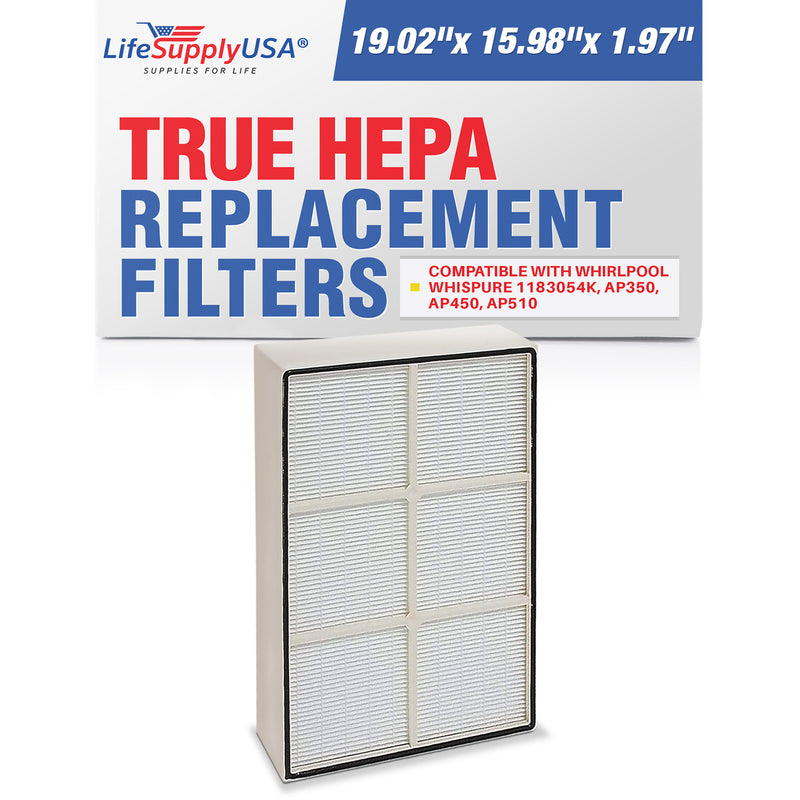 True HEPA Air Cleaner Filter Replacement 1183054K Compatible with Whirlpool Whispure AP350, AP450, AP510 Air Cleaners, 19"x16"x2" Inches by LifeSupplyUSA (2-Pack)