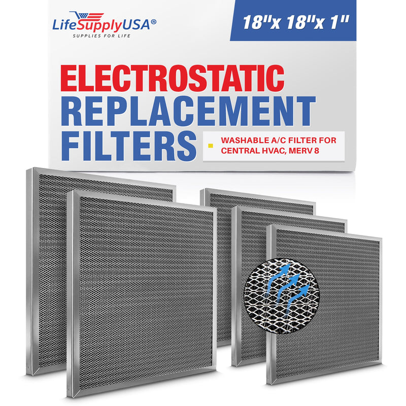 LifeSupplyUSA 18x18x1 Electrostatic Air Filter, MERV 8, Washable, Reusable Furnace AC/HVAC Filter, Energy Saving, Easy to Clean, Long-Lasting