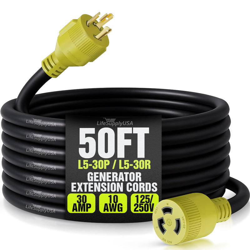 50ft Generator Extension Cord 30 AMP 3-Prong (L5-30P / L5-30R) - 10AWG3 125V STW - Hook and Loop Strap ETL by LifeSupplyUSA