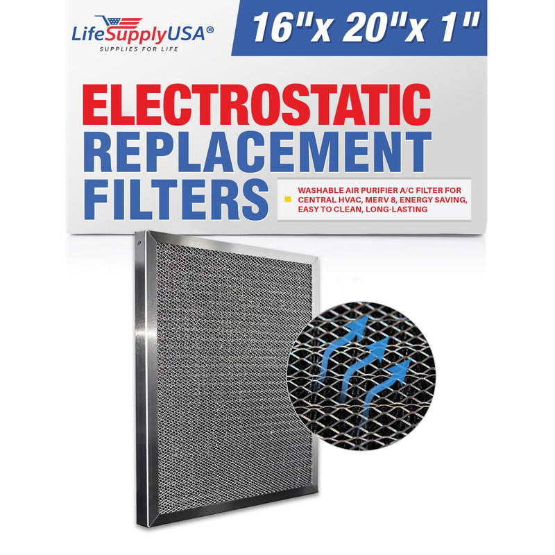 LifeSupplyUSA 16x20x1 Electrostatic Air Filter, MERV 8, Washable, Reusable Furnace AC/HVAC Filter, Energy Saving, Easy to Clean, Long-Lasting - 16" x 20" x 1",1-Pack