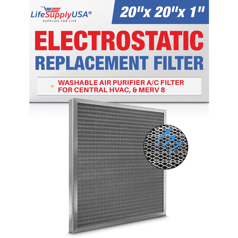 LifeSupplyUSA 20x20x1 Electrostatic Air Filter, MERV 8, Washable, Reusable Furnace AC/HVAC Filter, Energy Saving, Easy to Clean, Long-Lasting - 1-Pack,20" x 20" x 1"