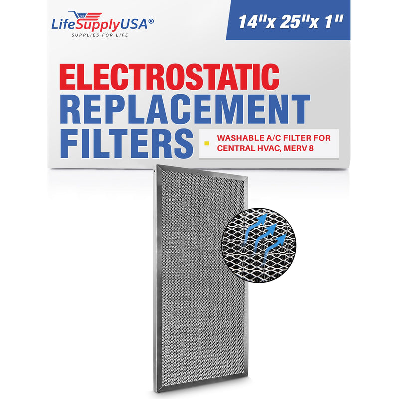 LifeSupplyUSA 14x25x1 Electrostatic Air Filter, MERV 8, Washable, Reusable Furnace AC/HVAC Filter, Energy Saving, Easy to Clean, Long-Lasting - 1-Pack,14" x 25" x 1"