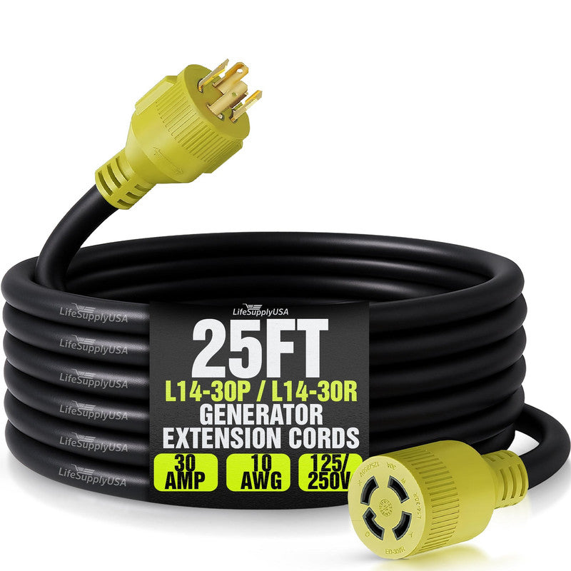 25ft Generator Extension Cord 30 AMP 4-Prong (L14-30P / L14-30R) - 10AWG4 125/250V STW - Hook and Loop Strap ETL Listed by LifeSupplyUSA