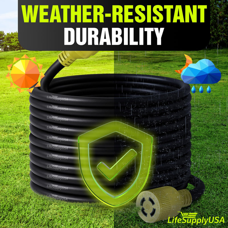 100ft Generator Extension Cord 30 AMP 4-Prong (L14-30P / L14-30R) - 10AWG4 125/250V STW - Hook and Loop Strap ETL Listed by LifeSupplyUSA - 100 FT,4-Prong