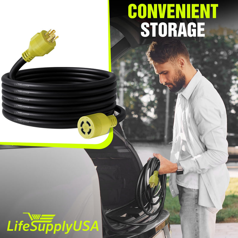 25ft Generator Extension Cord 30 AMP 4-Prong (L14-30P / L14-30R) - 10AWG4 125/250V STW - Hook and Loop Strap ETL Listed by LifeSupplyUSA - 25 FT,4-Prong