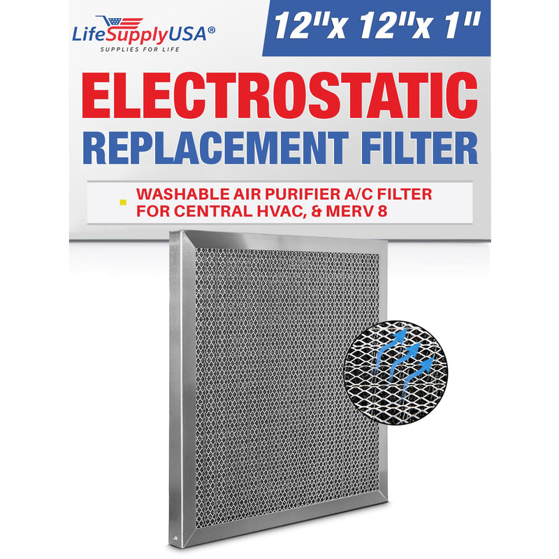 LifeSupplyUSA 12x12x1 Electrostatic Air Filter, MERV 8, Washable, Reusable Furnace AC/HVAC Filter, Energy Saving, Easy to Clean, Long-Lasting - 1-Pack,12" x 12" x 1"