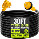 30ft RV Extension Cord 30 AMP (TT-30P/L5-30R) with Twist-Lock Connector and Grip Handle, Hook and Loop Strap - STW 10/3 AWG 125 Volt - Heavy Duty - by LifeSupplyUSA - TT-30P/L5-30R,30 FT