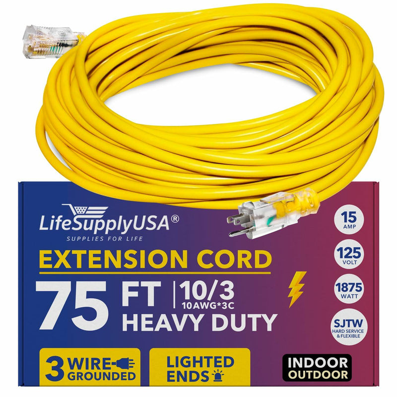 LifeSupplyUSA Power Extension Cord 75 ft Outdoor & Indoor Heavy Duty 10 Gauge/3 Prong SJTW (Yellow) Lighted end Extra Durability 15 AMP 125 Volts 1875 Watts