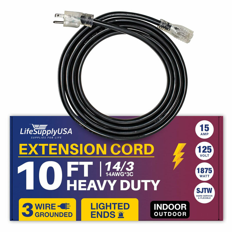 10ft Power Extension Cord Outdoor & Indoor - Waterproof Electric Drop Cord Cable - 3 Prong SJTW, 14 Gauge, 15 AMP, 125 Volts, 1875 Watts, 14/3 by LifeSupplyUSA - Black (1 Pack)