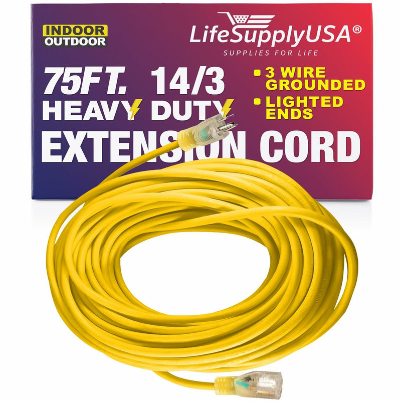 LifeSupplyUSA 75 ft Power Extension Cord Outdoor & Indoor Heavy Duty 14 Gauge/3 Prong SJTW (Yellow) Lighted end Extra Durability 13 AMP 125 Volts 1625 Watts (5 Pack)