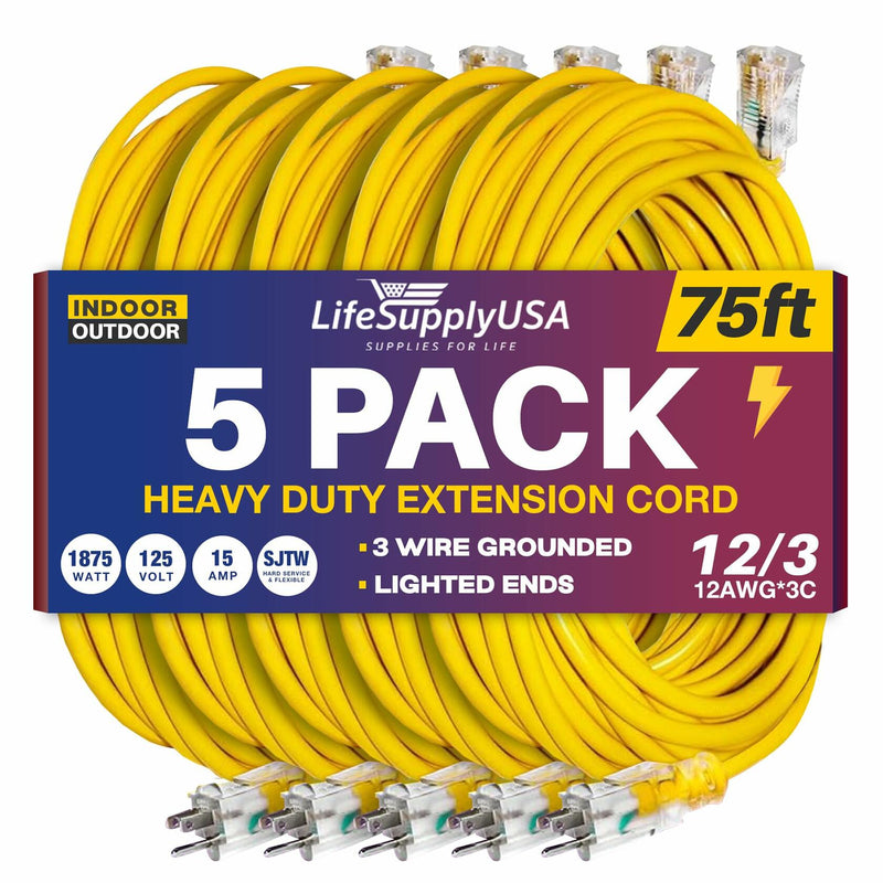 75ft Power Extension Cord Outdoor & Indoor - Waterproof Electric Drop Cord Cable - 3 Prong SJTW, 12 Gauge, 15 AMP, 125 Volts, 1875 Watts, 12/3 by LifeSupplyUSA - Yellow (5 Pack)
