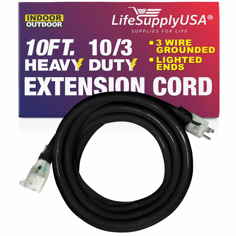 10ft Power Extension Cord Outdoor & Indoor - Waterproof Electric Drop Cord Cable - 3 Prong SJTW, 10 Gauge, 15 AMP, 125 Volts, 1875 Watts, 10/3 by LifeSupplyUSA - Black (1 Pack)