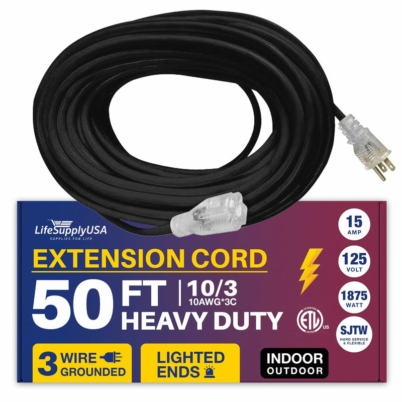 50ft Power Extension Cord Outdoor & Indoor - Waterproof Electric Drop Cord Cable - 3 Prong SJTW, 10 Gauge, 15 AMP, 125 Volts, 1875 Watts, 10/3 by LifeSupplyUSA - Black (1 Pack)