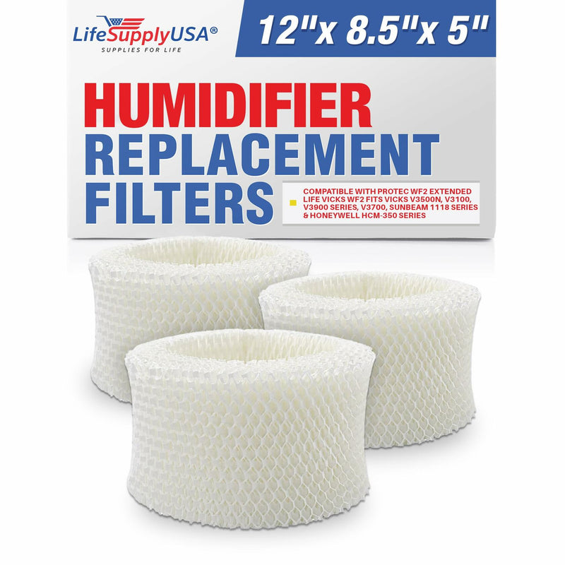 LifeSupplyUSA Humidifier Filter Replacement Compatible with Protec WF2 Extended Life Vicks WF2 Fits Vicks V3500N, V3100, V3900 Series, V3700, Sunbeam 1118 Series & Honeywell HCM-350 Series (3-Pack)