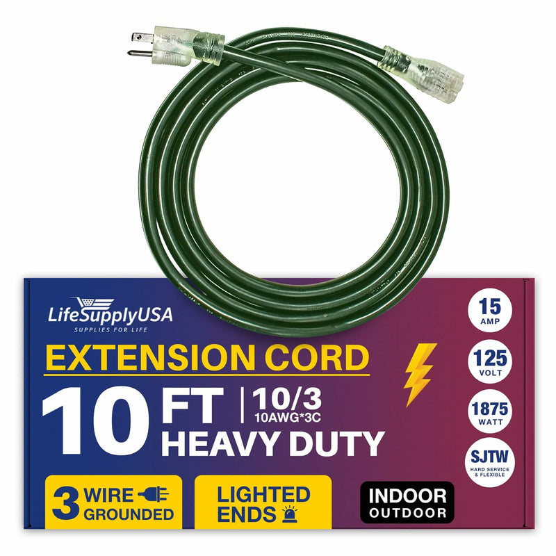10ft Power Outdoor Extension Cord & Indoor - Waterproof Electric Drop Cord Cable - 3 Prong SJTW, 10 Gauge, 15 AMP, 125 Volts, 1875 Watts, 10/3 by LifeSupplyUSA - Black (1 Pack)