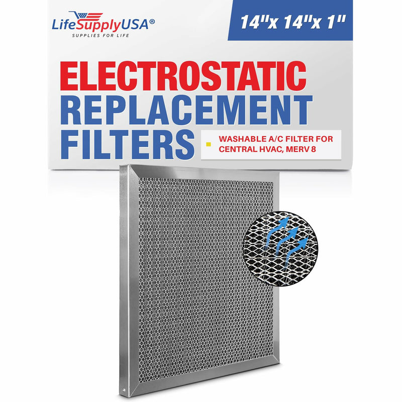 (14x14x1) Aluminum Electrostatic Air Filter Replacement Washable A/C Filter for Central HVAC by LifeSupplyUSA (1 Pack)