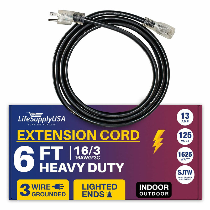 6ft Power Outdoor Extension Cord & Indoor - Waterproof Electric Drop Cord Cable - 3 Prong SJTW, 16 Gauge, 13 AMP, 125 Volts, 1625 Watts, 16/3 by LifeSupplyUSA - Black (1 Pack)