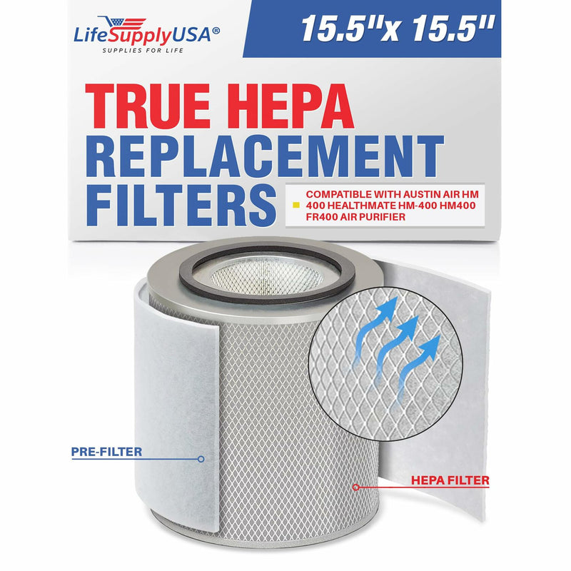 LifeSupplyUSA True HEPA Filter Replacement Compatible with Austin Air HM 400 HealthMate HM-400 HM400 FR400 Air Purifier