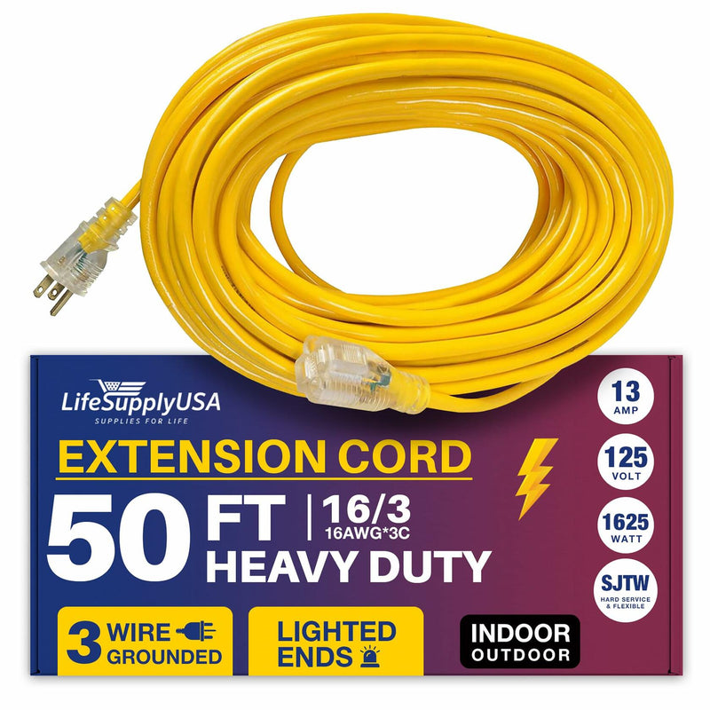 50ft Power Outdoor Extension Cord & Indoor - Waterproof Electric Drop Cord Cable - 3 Prong SJTW, 16 Gauge, 13 AMP, 125 Volts, 1625 Watts, 16/3 by LifeSupplyUSA - Yellow (1 Pack)