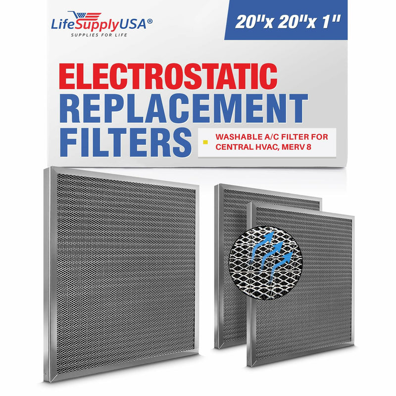 LifeSupplyUSA (20x20x1) Aluminum Electrostatic Air Filter Replacement Washable Air Purifier A/C Filter for Central HVAC, MERV 8, Energy Saving, Easy to Clean, Long-Lasting (3-Pack)