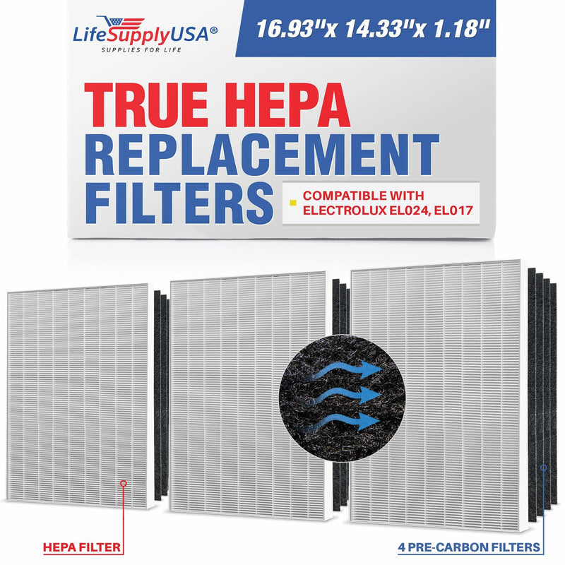 LifeSupplyUSA Complete Replacement Filter Set (1 True HEPA Air Cleaner Replacement Filter + 4 Carbon Filters) Compatible with Electrolux EL024 EL017 Carbon EL500 Air Purifiers (3-Pack)