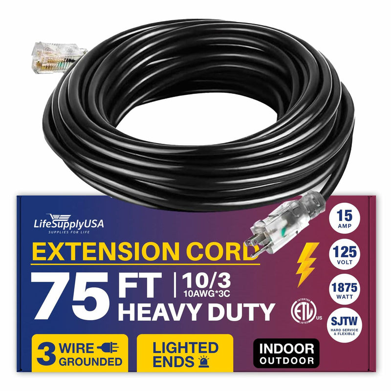 75ft Power Outdoor Extension Cord & Indoor - Waterproof Electric Drop Cord Cable - 3 Prong SJTW, 10 Gauge, 15 AMP, 125 Volts, 1875 Watts, 10/3 ETL Listed, by LifeSupplyUSA - Black (1 Pack)