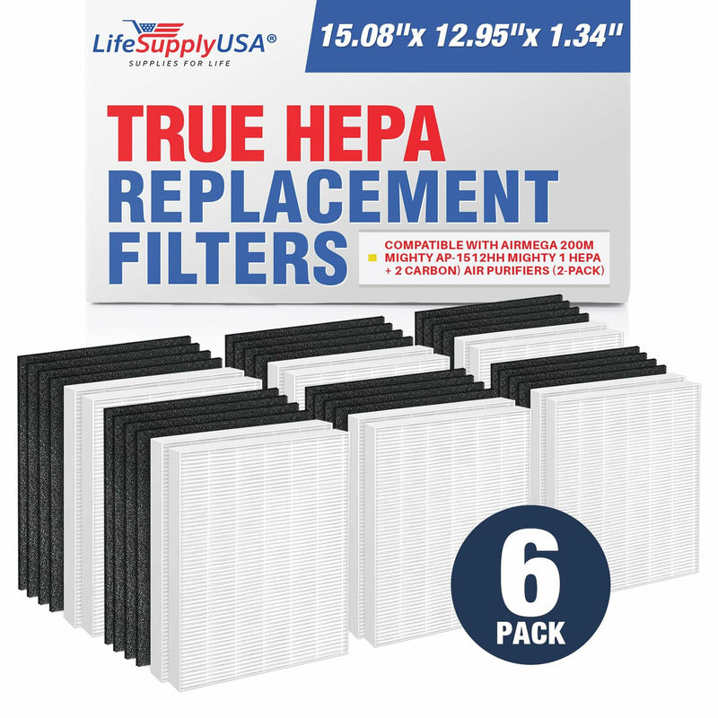 LifeSupplyUSA Complete Replacement Filter Set (2 True HEPA Air Cleaner Replacement Filter + 4 Carbon Filters) Compatible with Coway Airmega 200M AP-1512HH Mighty