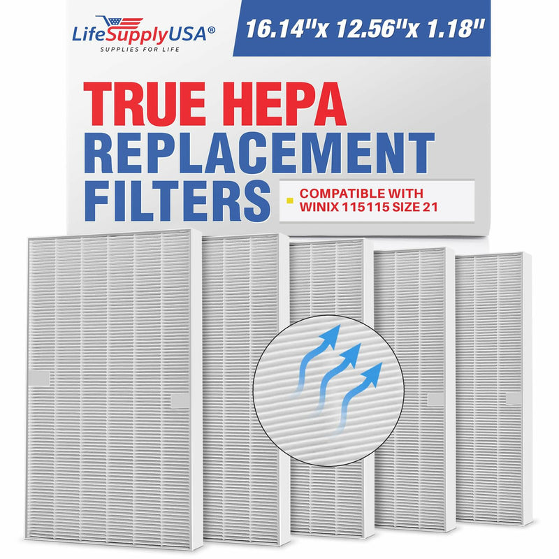 LifeSupplyUSA True HEPA Filter Replacement Compatible with Winix PlasmaWave 115115, Size 21 Air Purifier (5-Pack)