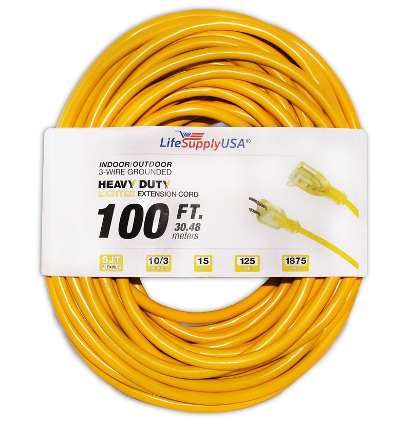10/3 100ft SJTW Lighted End Extension Cord 15 Amp, 125 Volt, 1875 Watt Outdoor-Extension Cords- LifeSupplyUSA