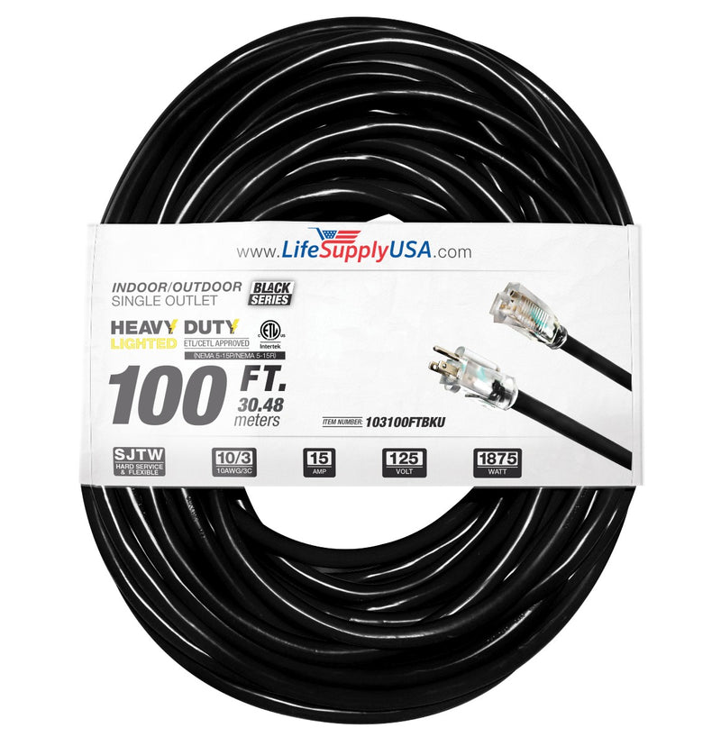 (2-pack) 100 ft Extension cord 10/3 SJTW with Lighted end - Black - Indoor / Outdoor Heavy Duty Extra Durability 15AMP 125V 1875W ETL-Extension Cords- LifeSupplyUSA