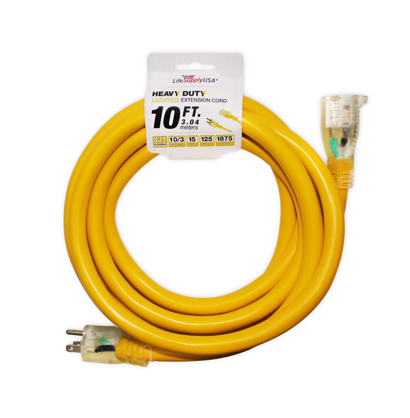 10/3 10ft SJTW Lighted End Heavy Duty Extension Cord (10 Feet)-Extension Cords- LifeSupplyUSA