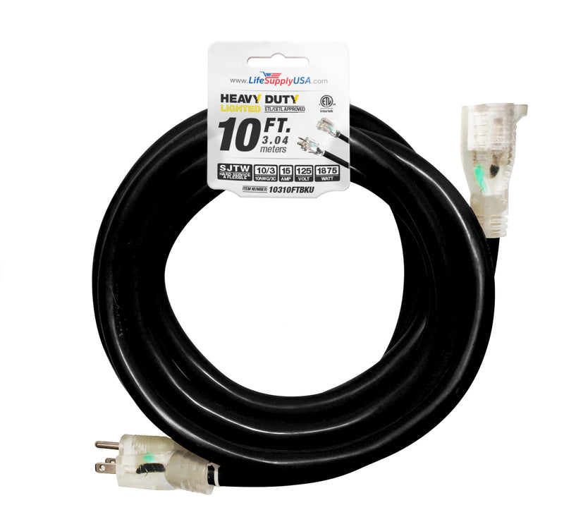 (2-pack) 10 ft Extension cord 10/3 SJTW with Lighted end - Black - Indoor / Outdoor Heavy Duty Extra Durability 15AMP 125V 1875W ETL-Extension Cords- LifeSupplyUSA