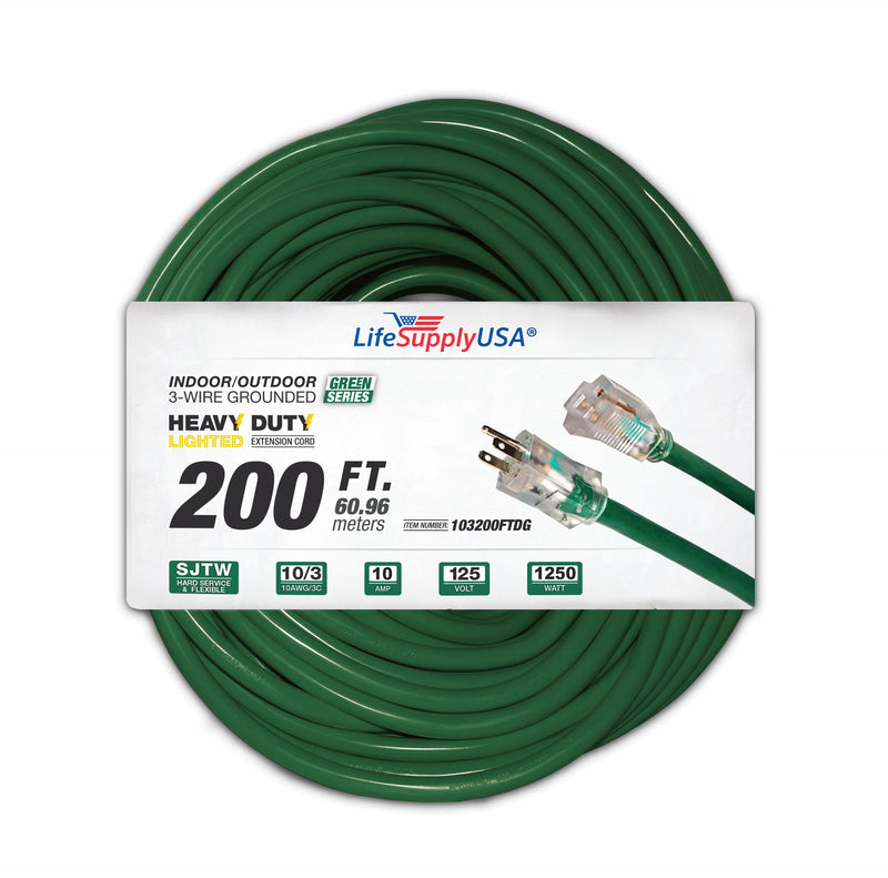 200 ft Power Extension Cord Outdoor & Indoor Heavy Duty 10 gauge/3 prong SJTW (Green) Lighted end Extra Durability 10 AMP 125 Volts 1250 Watts by LifeSupplyUSA