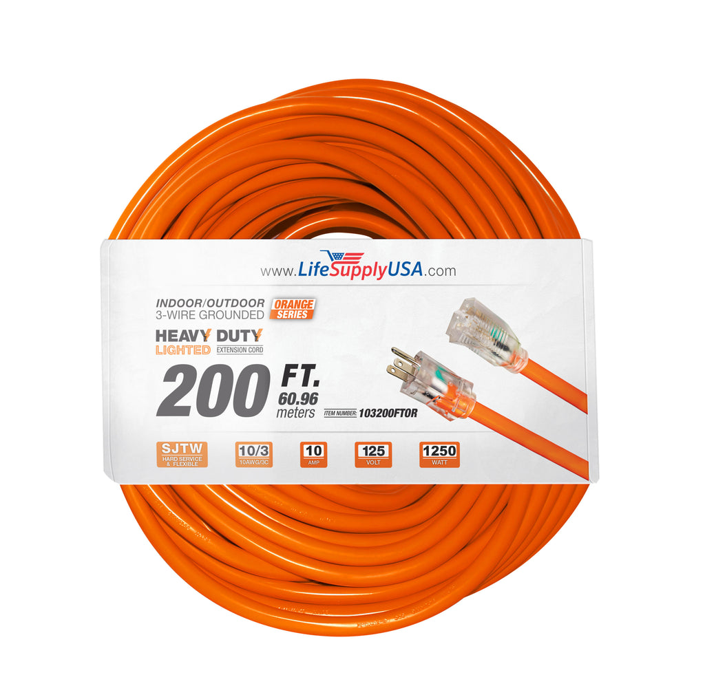 (2-Pack) 200 ft Power Extension Cord Outdoor & Indoor Heavy Duty 10 gauge/3 Prong SJTW (Orange) Lighted End Extra Durability 10 Amp 125 Volts 1250