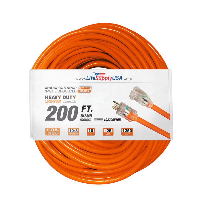 (2-Pack) 200 ft Power Extension Cord Outdoor & Indoor Heavy Duty 10 Gauge/3 Prong SJTW (Orange) Lighted end Extra Durability 10 AMP 125 Volts 1250 Watts by LifeSupplyUSA