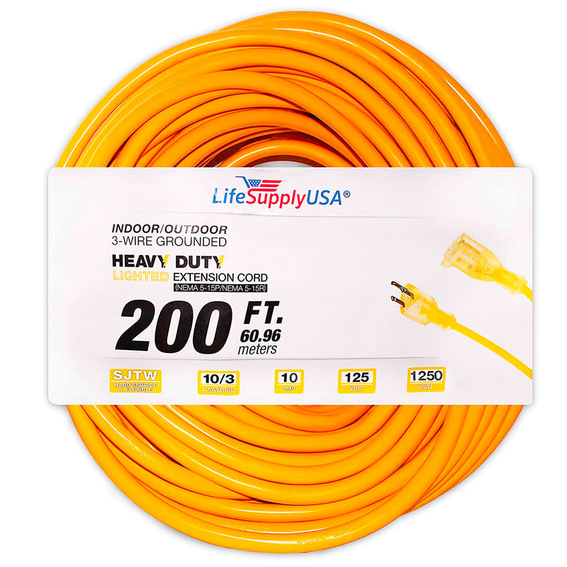 10-3 200ft SJTW Lighted End Heavy Duty Extension Cord, 200-feet-Extension Cords- LifeSupplyUSA