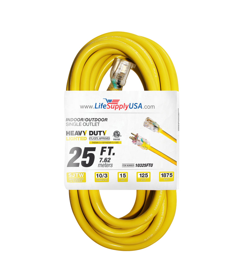 25 ft Extension cord 10/3 SJTW with Lighted end - Yellow - Indoor / Outdoor Heavy Duty Extra Durability 15AMP 125V 1875W ETL-Extension Cords- LifeSupplyUSA