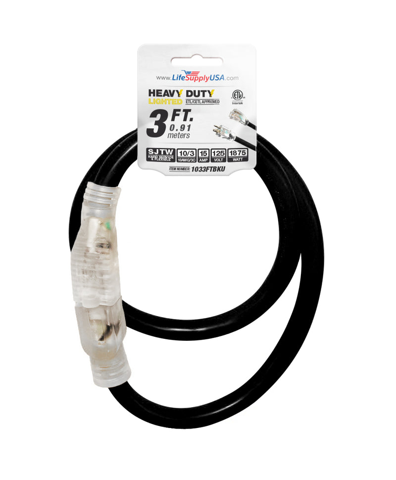 3 ft Extension cord 10/3 SJTW with Lighted end - Black - Indoor / Outdoor Heavy Duty Extra Durability 15AMP 125V 1875W ETL-Extension Cords- LifeSupplyUSA