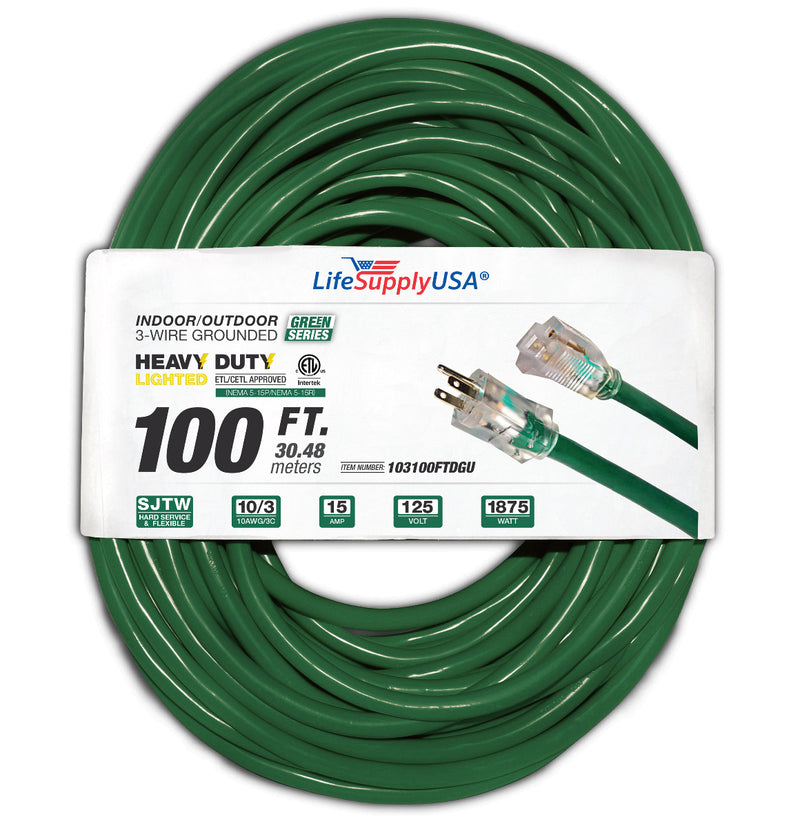 (2-Pack) 100 ft Extension Cord 10/3 SJTW with Lighted end - Green - Indoor / Outdoor Heavy Duty Extra Durability 15 AMP 125 Volts 1875 Watts ETL-Extension Cords- LifeSupplyUSA