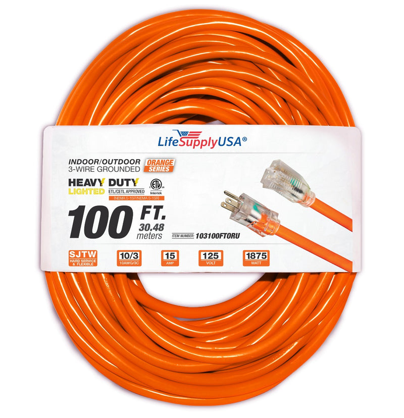 (2-Pack) 100 ft Extension Cord 10/3 SJTW with Lighted end - Orange - Indoor / Outdoor Heavy Duty Extra Durability 15 AMP 125 Volts 1875 Watts ETL-Extension Cords- LifeSupplyUSA