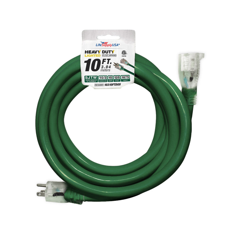 (2-Pack) 10ft Extension Cord 10/3 SJTW with Lighted end - Green - Indoor / Outdoor Heavy Duty Extra Durability 15 AMP 125 Volts 1875 Watts ETL-Extension Cords- LifeSupplyUSA